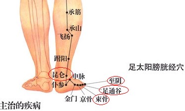 至陰穴、足通穴、束骨穴、昆侖穴